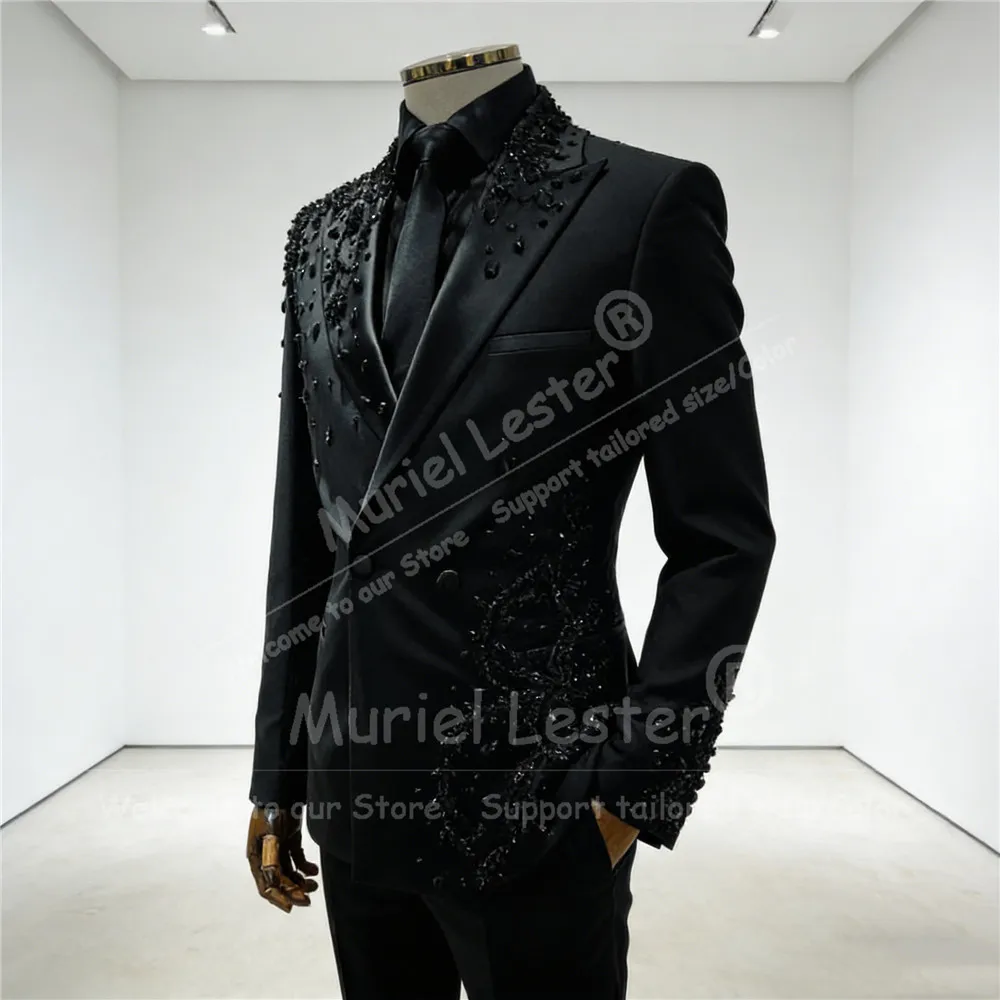 

Luxury Diamond Beaded Suits Men Double Breasted Jacket Pants 2 Piece Groom Wedding Tuxedos Customized Terno Masculinos Completo