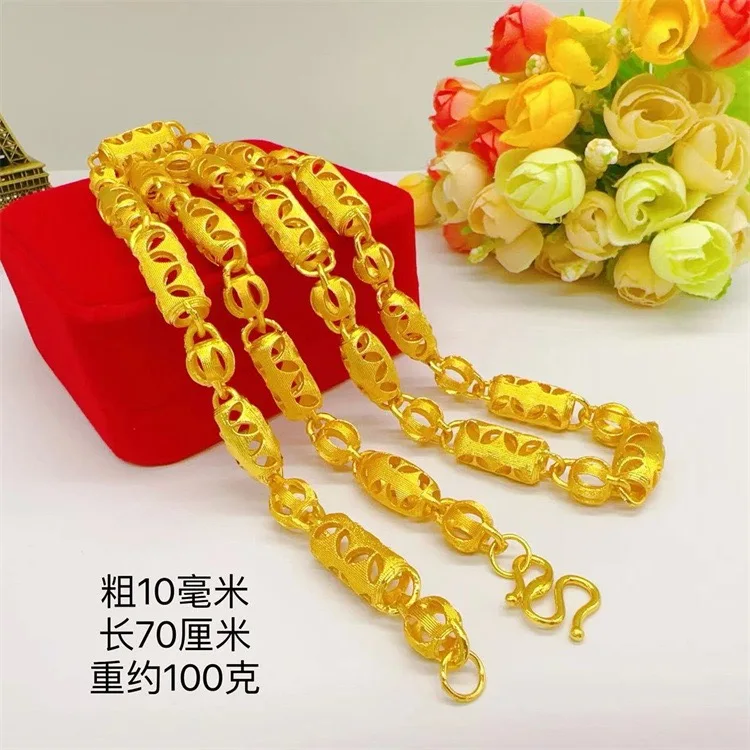 

Men's boutique 9999 24K real gold hollow M-buckle men's necklace cylindrical necklace hollow lantern style gold jewelry