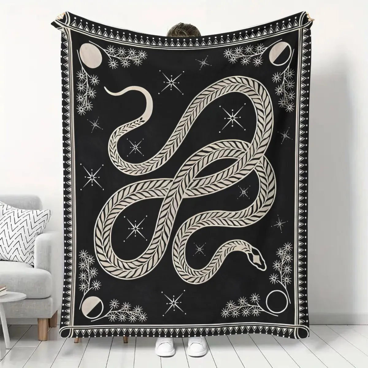 Black Snake Throw Blanket Bohemian Gothic Mystical Witchy Art Pattern Cozy Fleece Throw for Living Room Bedroom Christmas Gift