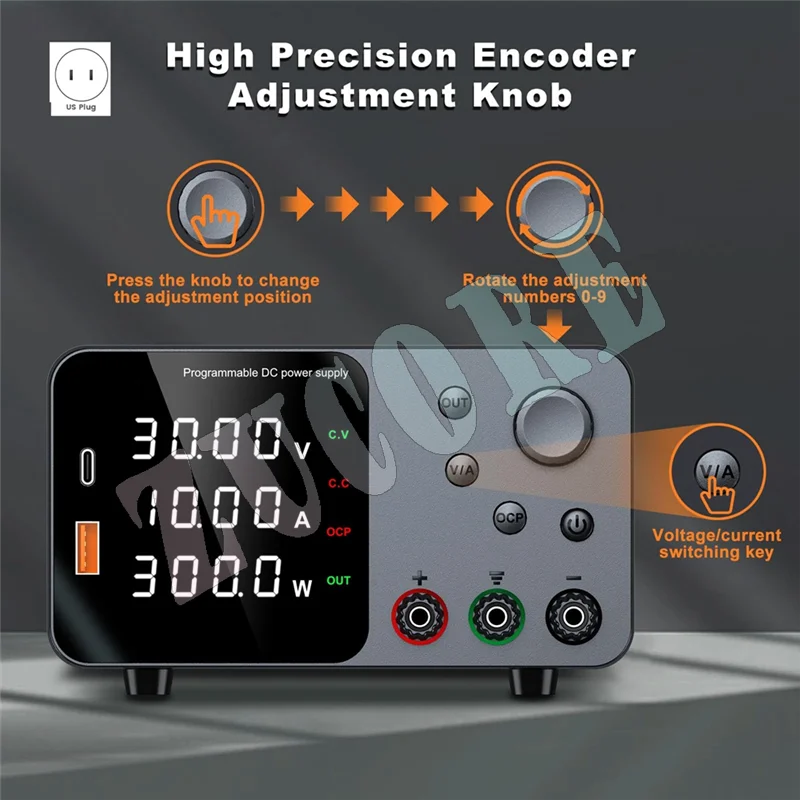 B43C 30V 10A مصدر طاقة مقعد إمدادات طاقة متغيرة مع إخراج تمكين/زر USB & Type-C شحن سريع (قابس أمريكي)
