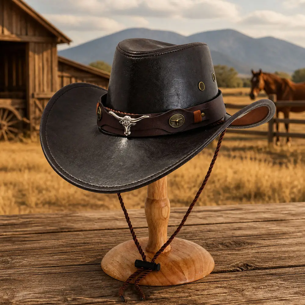 Dark Brown Faux Leather Look Cowboy Hat, Curved Wide Brim, Metal Bull Head Band, Braided Chin Cord, Western Costume Headwear