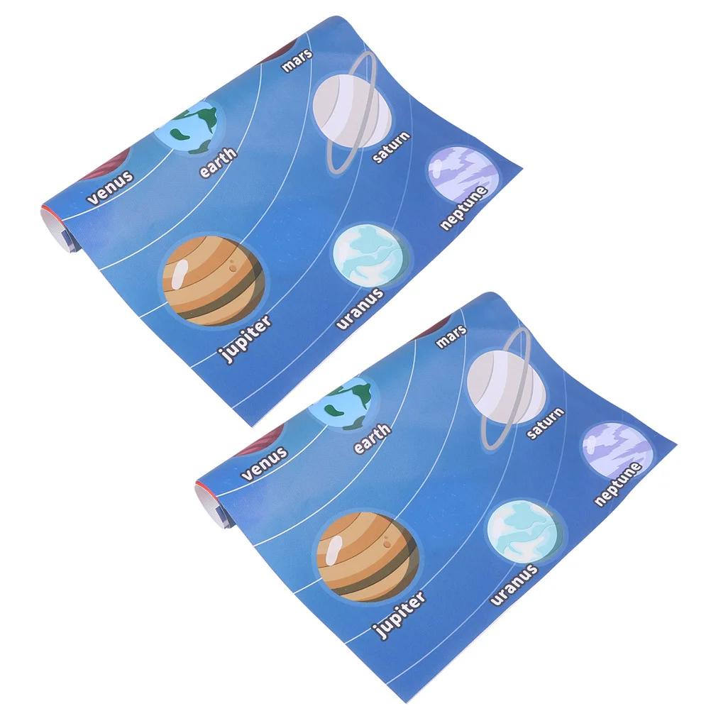 

2Pcs Educational Preschool Poster Solar System Learning Chart Bright Colors Cartoon Patterns Home Schooling Nursery Decor