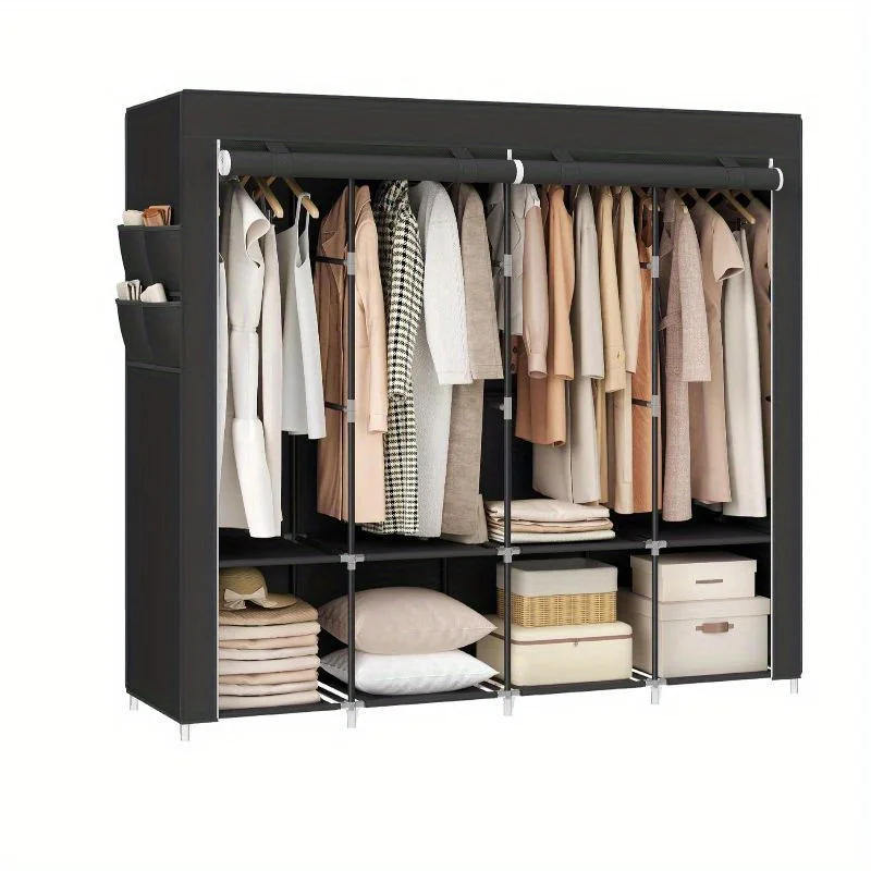 

Modern Minimalist Portable Wardrobe With Lid Wardrobe Organizer Rack 4 Hanging Poles 4 Side Pockets Bedroom Large Capacity