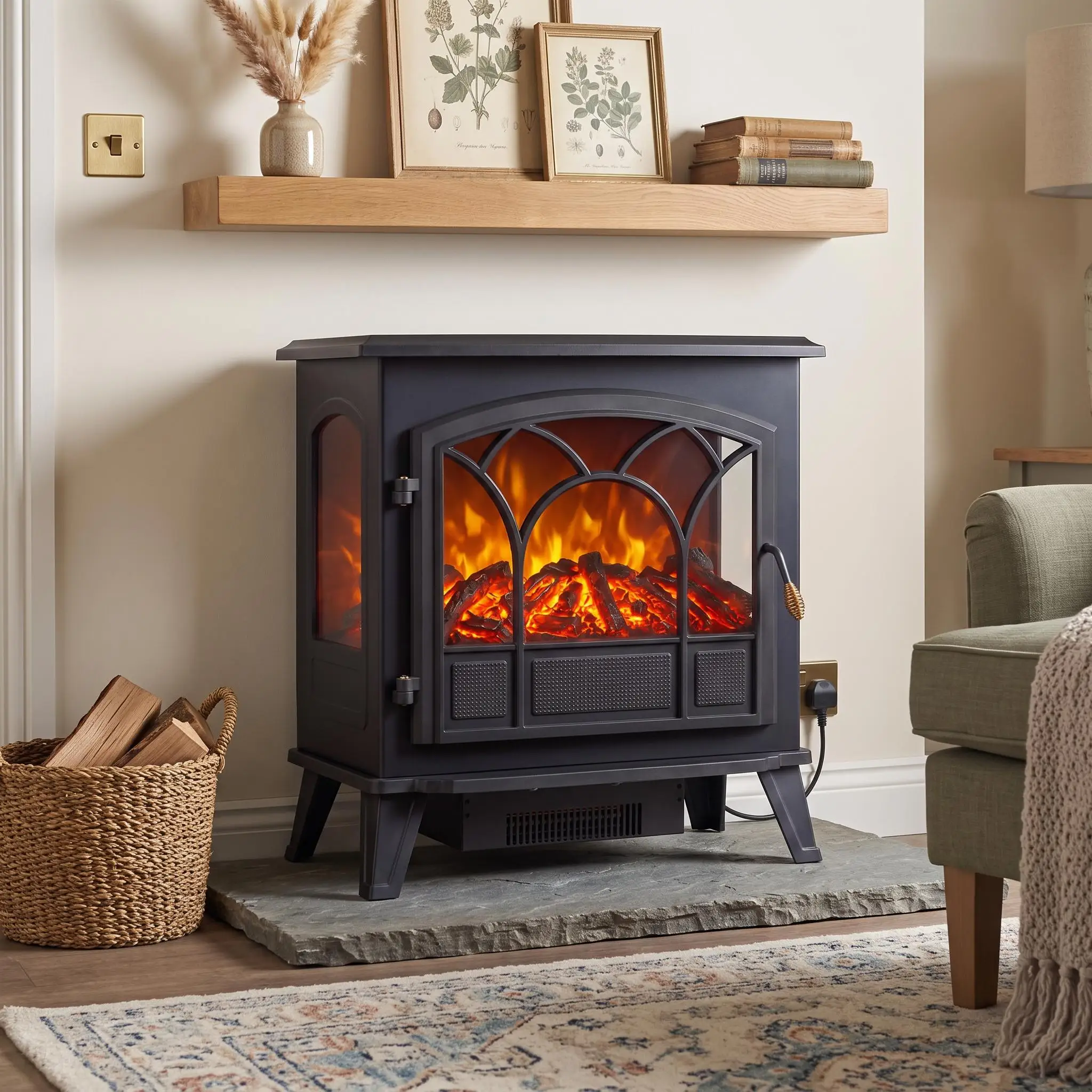 Electric Fireplace Space Heater 1500W 750W Portable 3 Sided Panoramic Glass Realistic Log Flame Stove Heater for 400 Sq.Ft Freestanding Indoor Room Heater with Thermostat for RV Office