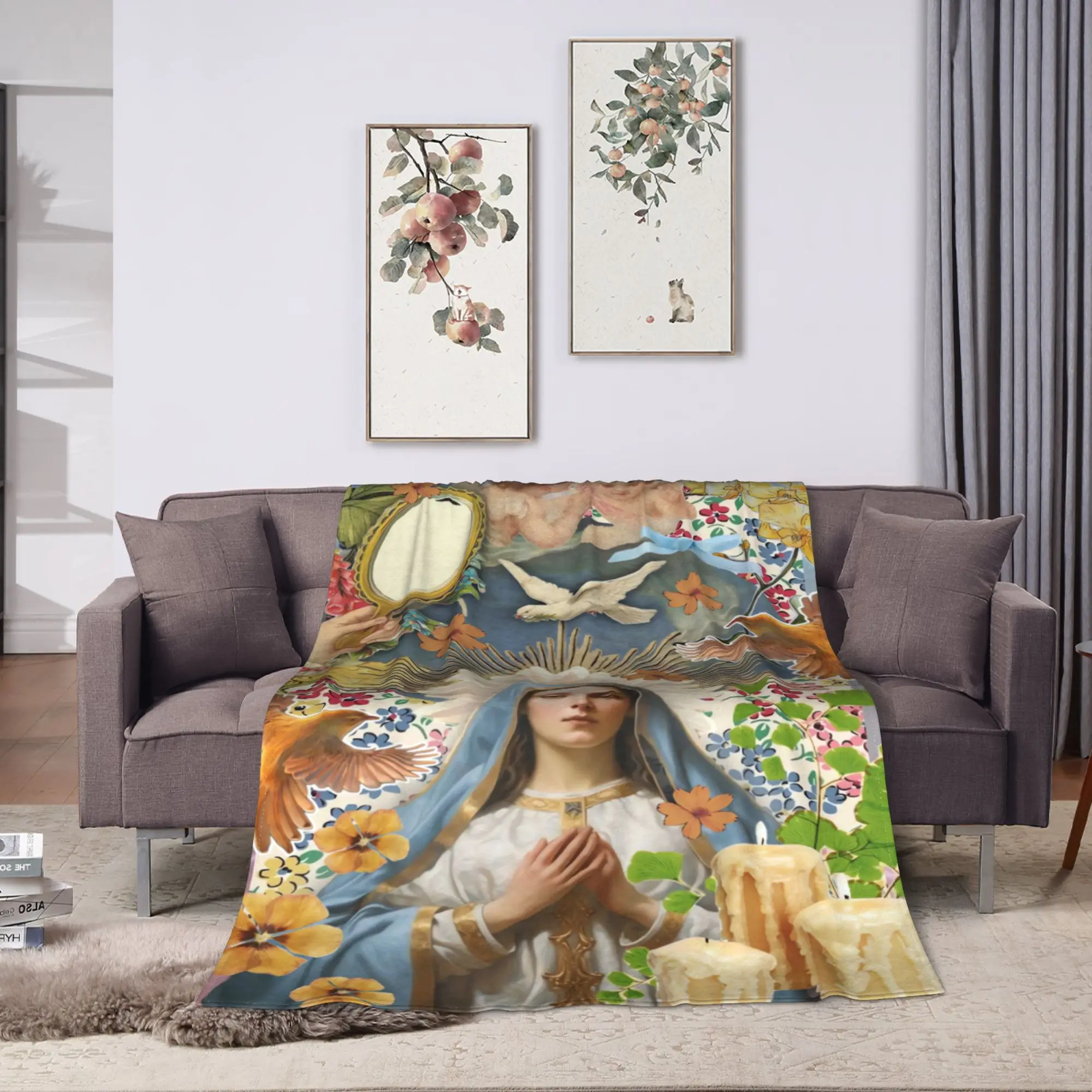 Virgin Mary Cherubs Rose Blanket Quality Warm Soft  Throw Blanket Autumn Camping Couch Bed Print Bedspread