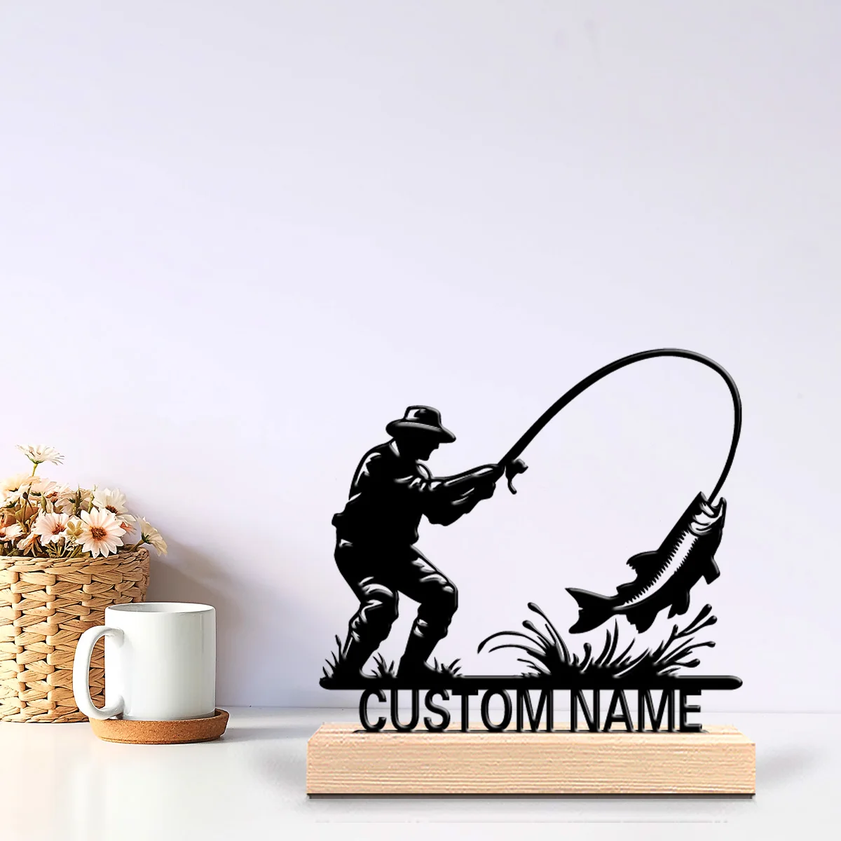 1pc fishing Personalized Text Metal Statue Iron Ornament With Wood Base Metal Sculpture With Wood Base For Children Gifts