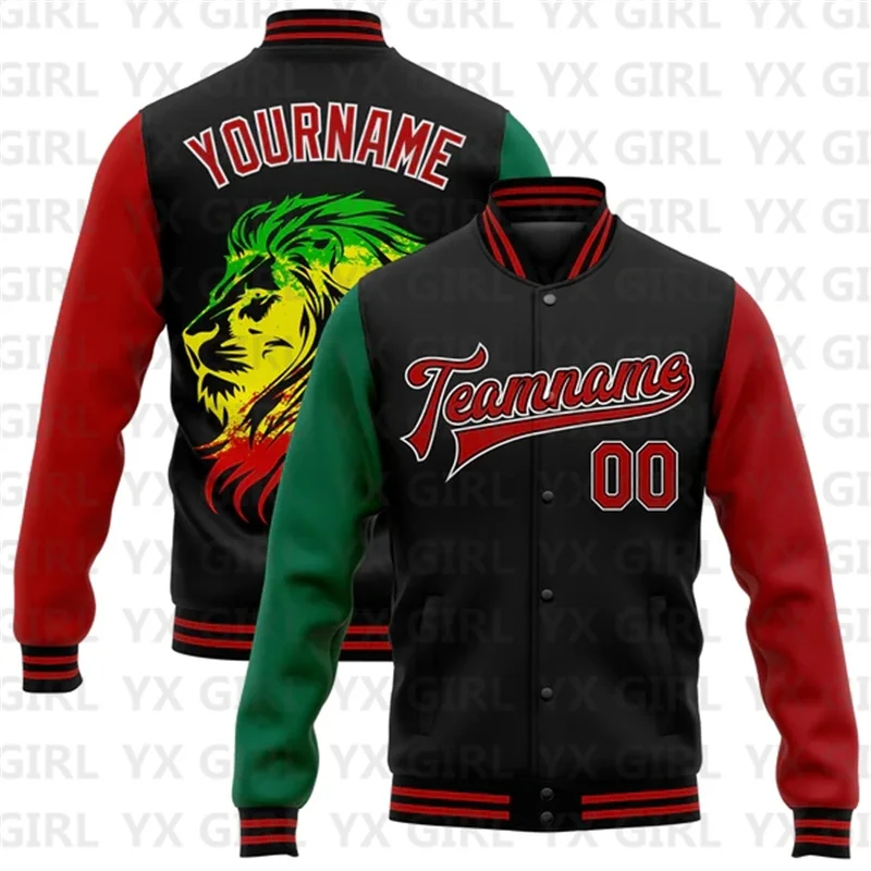 

Custom Black Red-Kelly Green Black History Month Lion Bomber Full-Snap Varsity Letterman Jacket 3D Baseball Button Jacket