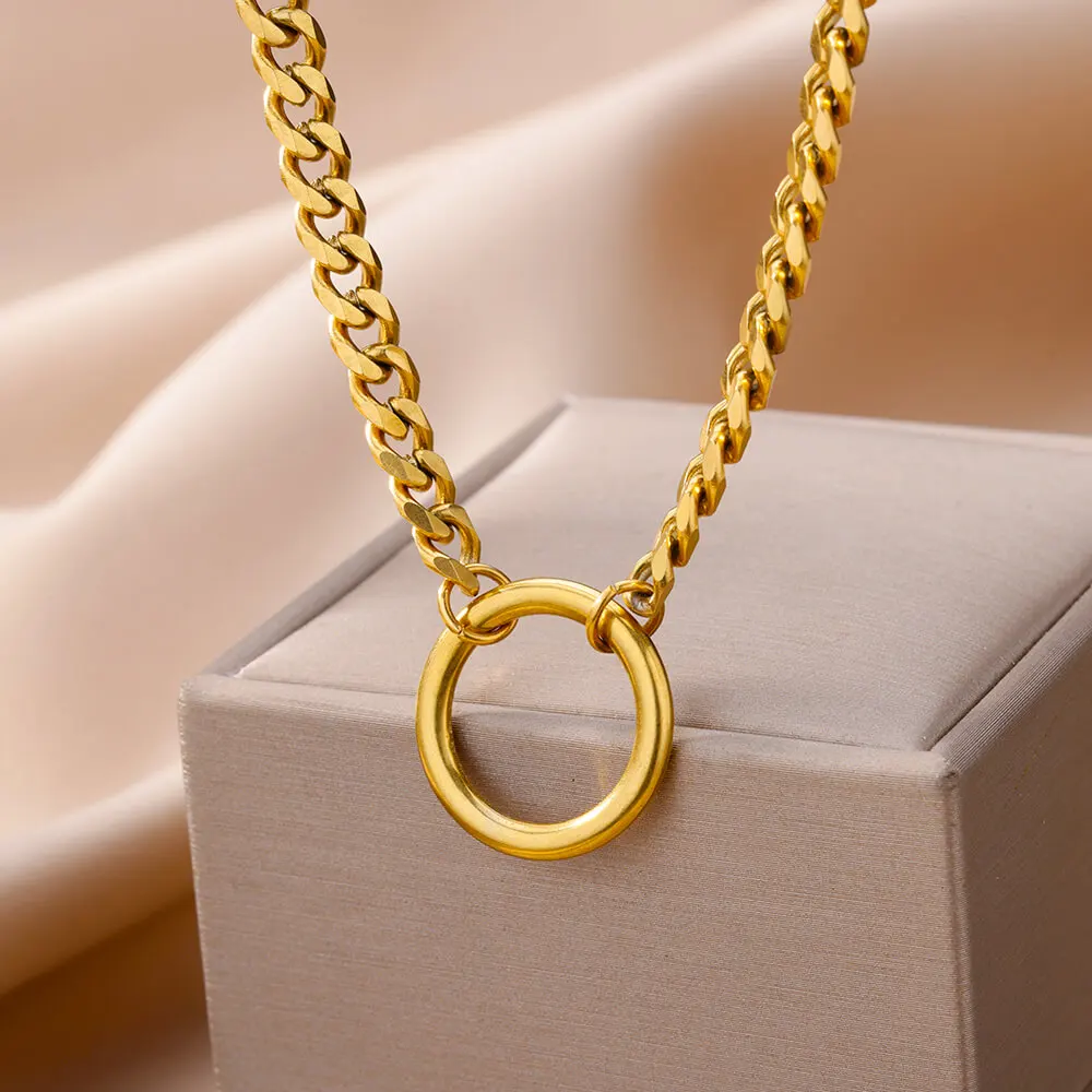 Round Geometric Pendant Necklace for Women Stainelss Steel Simple Gold Color Rhombus Necklaces Charm Waterproof Trendy Jewelry