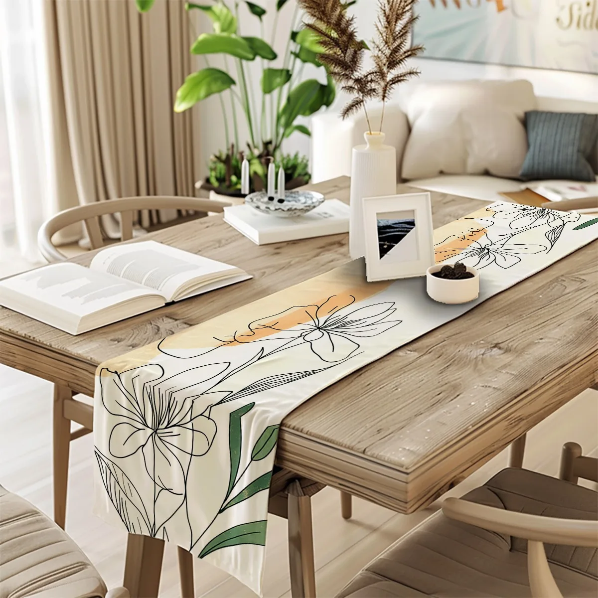 

print table runner Minimalist Floral Botanical Line Art Style Prints Tablecloth for Seasonal Celebrations Both Indoor And Outdoo