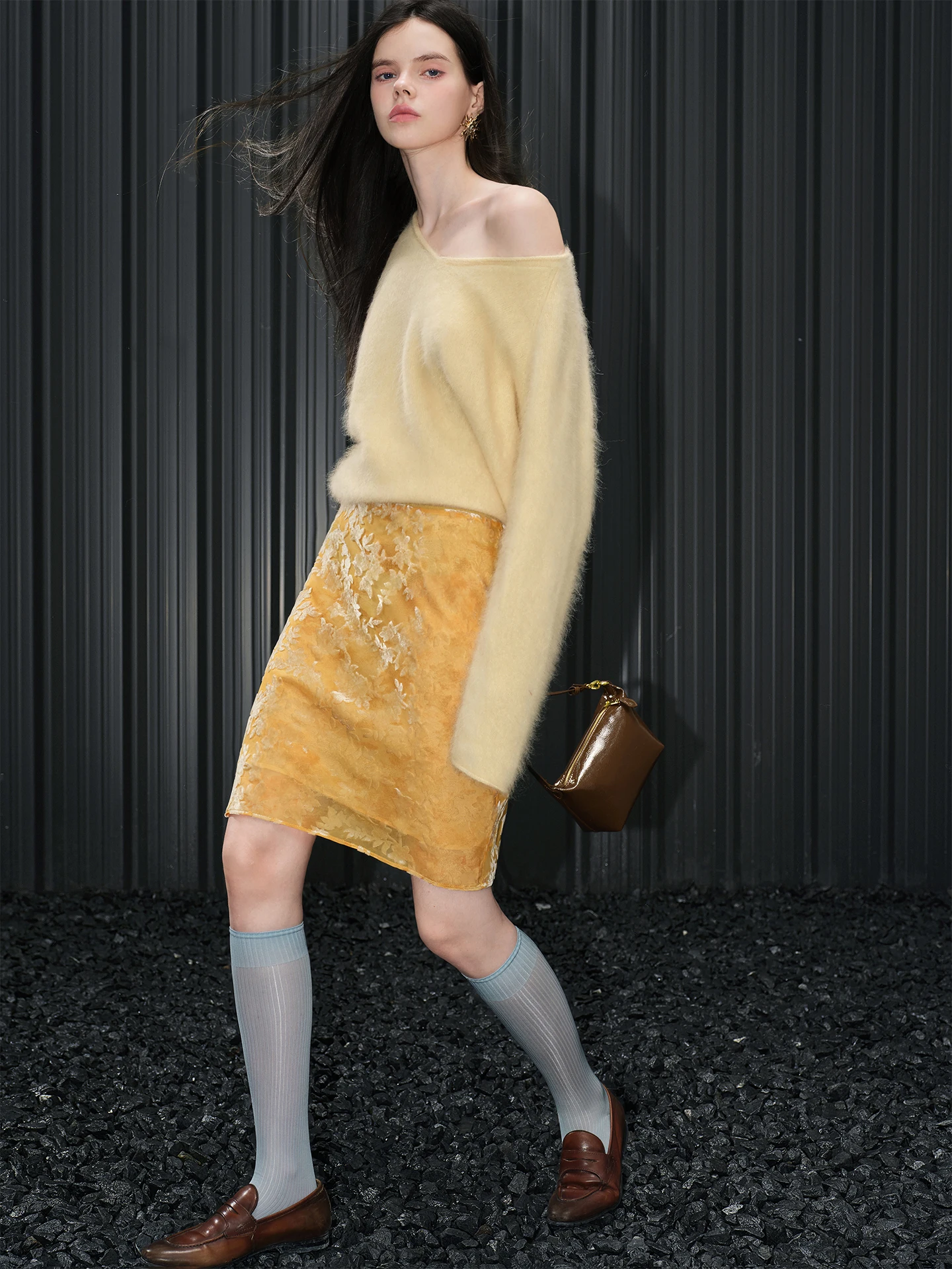 

Желтая женская юбка с высокой талией, А-силуэт, уличный стиль, теплая, уникальная, осенне-зимняя новинка