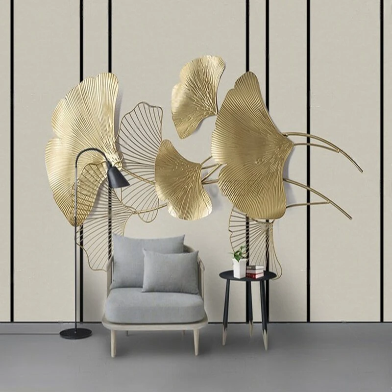 

Modern and simple ironwork ginkgo leaf TV luxury home bedroom background wall customization