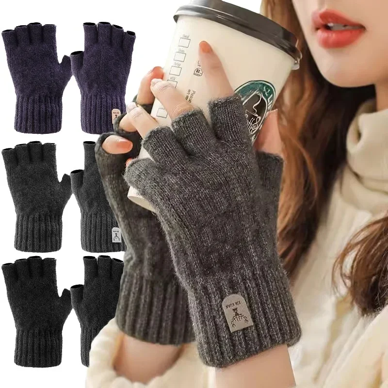 Gestrickte Handschuhe für Männer und Frauen, Winter, warm, Thermo-Halbfinger-Handschuh, Fäustlinge, Wolle, Fleece, dicker Touchscreen, fingerlose Handschuhe
