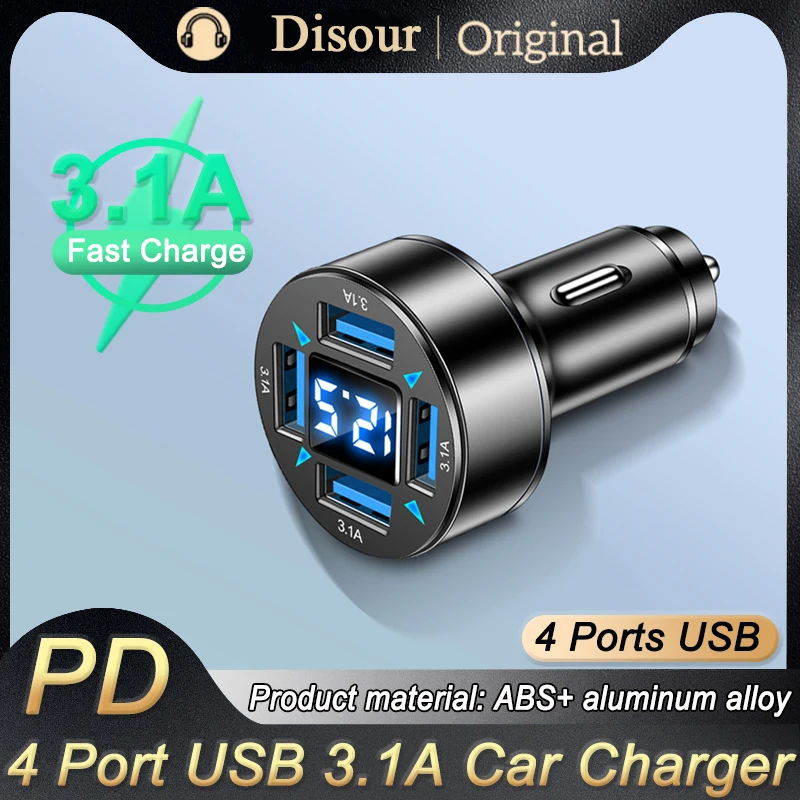 

4 Ports USB Car Charger For iPhone 14 13 LED Display 3.1A Fast Charge Charger Cigarette Lighter Adapter For Xiaomi Huawei