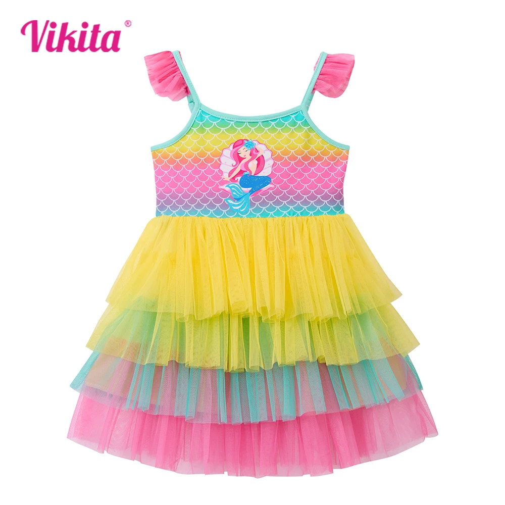 VIKITA Girls Mermaid Print Dress Kids Sling Suspenders Summer Vestidos Kids Mesh Tulle Layered Colorful Princess Party Dresses