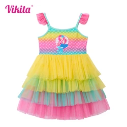 VIKITA Girls Mermaid Print Dress Kids Sling Suspenders Summer Vestidos Kids Mesh Tulle Layered Colorful Princess Party Dresses