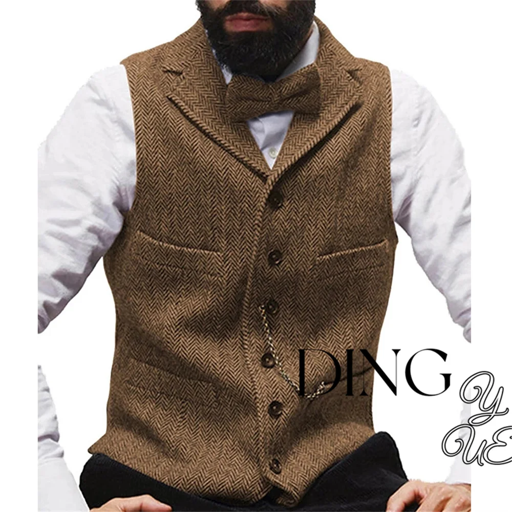 

Brown Men's Suit Vest Wool Tweed Business Waistcoat Jacket Casual Slim Fit Gilet Homme Vests For Groosmen Man Wedding