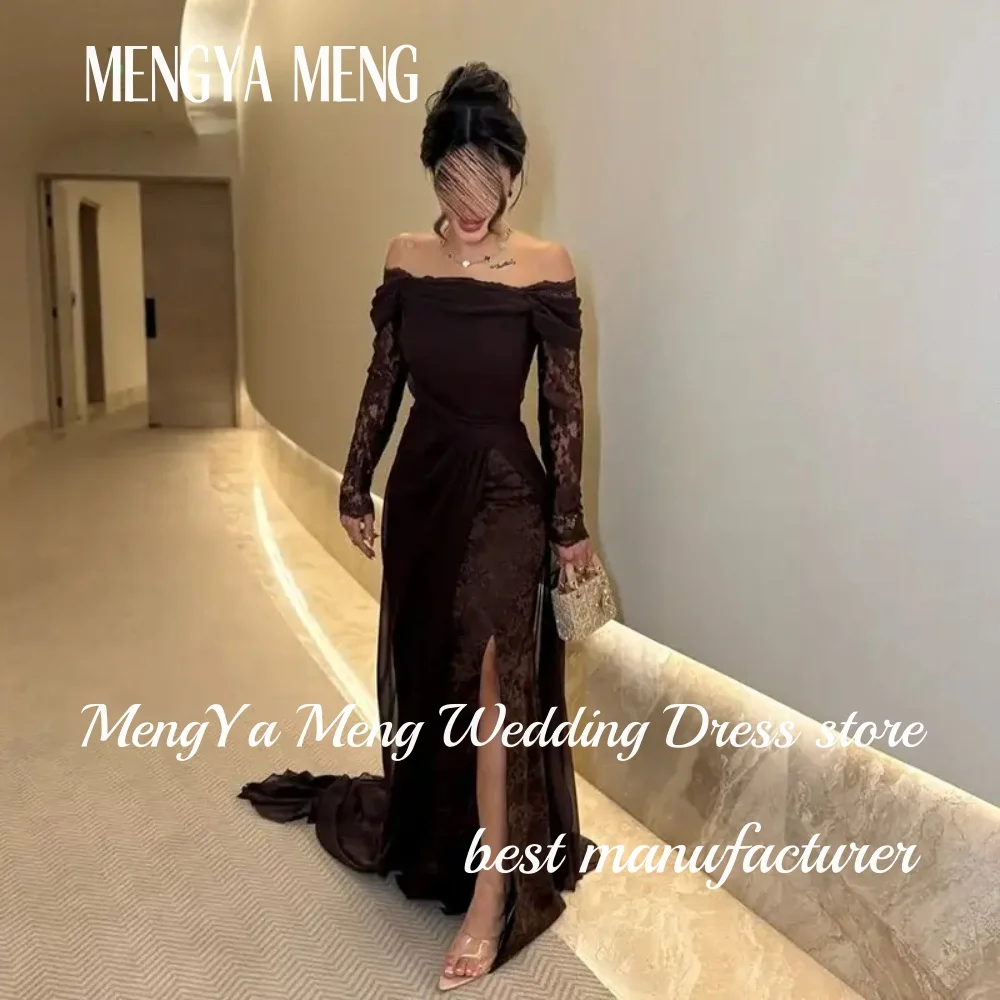 Customized Elegant Brown Lace Long Sleeve Evening Dress A Line Off Shoulder Prom Party Dress Saudi Women Dubai Formal Gowns