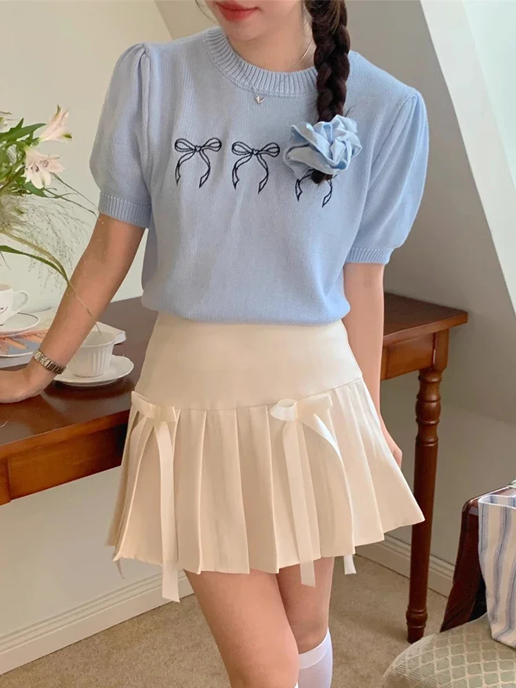 KUSAHIKI Korean Chic Summer Niche Fashion Bowknot Sweater Causal Short Sleeve Round Neck 2024 New Pullover Knitwear Tops