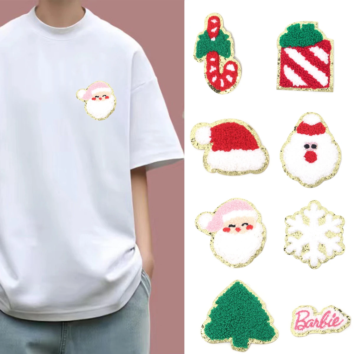 4pcs Christmas Series Iron‑on Patches Gold‑Edged Towel Embroidery for DIY Sewing Garment Bags Holiday Decoration Accessories