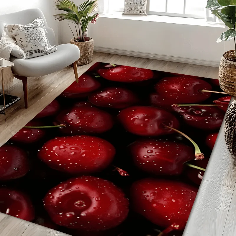 Red Cherry Flannel Rug Fruit Pattern Floor Mat Soft Non-slip Area Carpet for Living Room Bedroom Home Decor