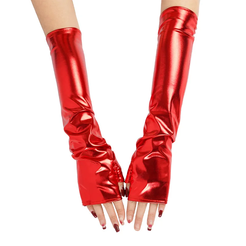 Women 40cm Patent leather Long Fingerless Half finger Gloves Punk Halloween Party Festival Arm Sleeves Cosplay Dance Accessories