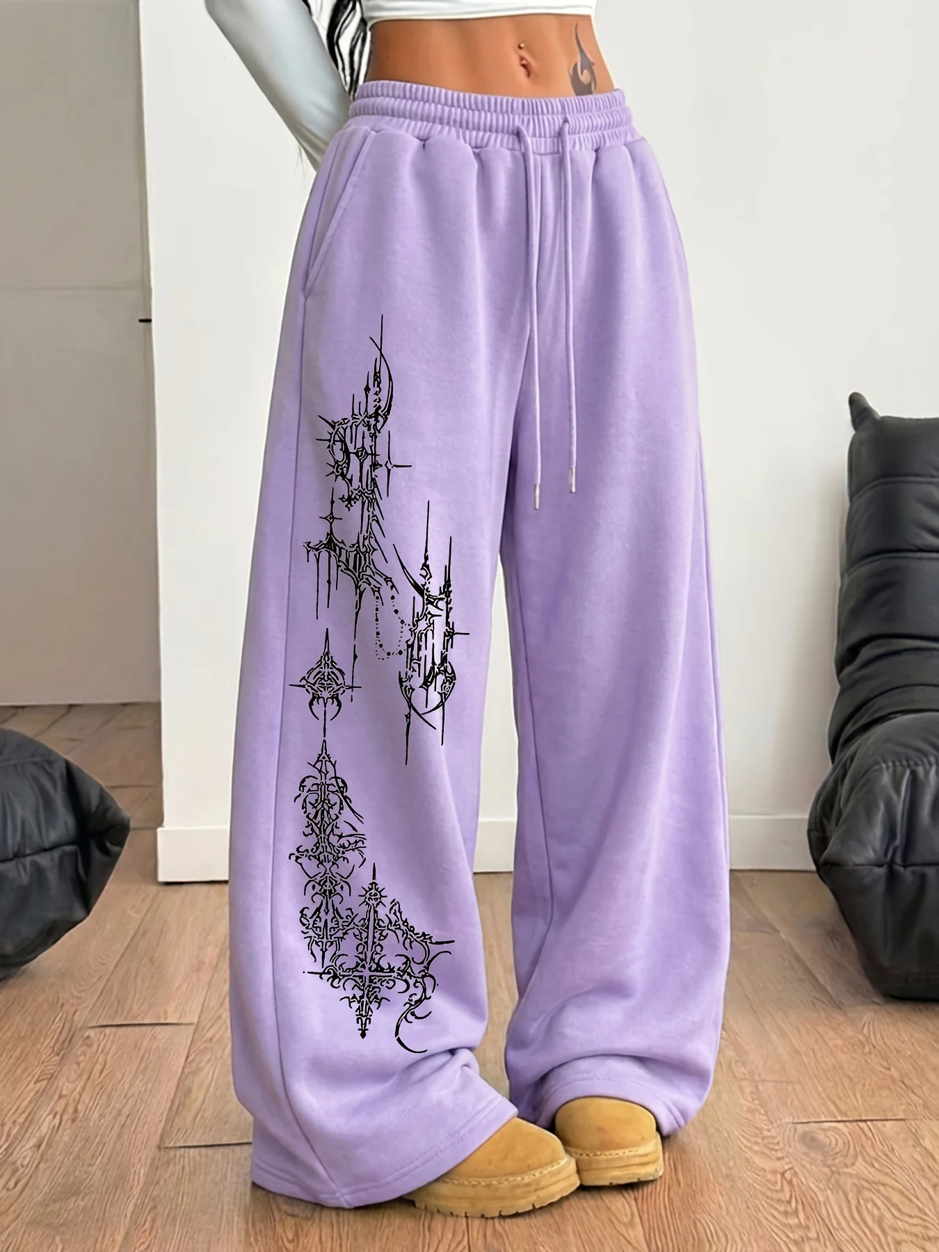 Women Gothic Ornate Cross Print Wide Leg Sweatpants Drawstring Loose Streetwear Jogger Pants