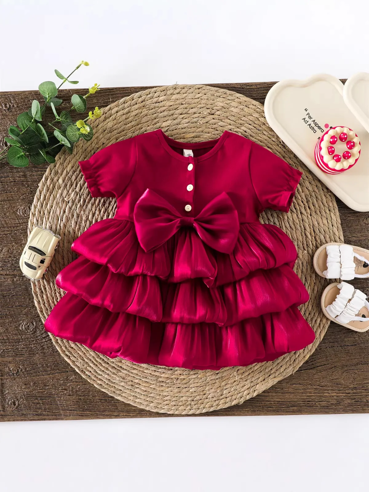 

Летнее детское платье 2026 для девочек 12М-4Л: 3D-атласный бант, цветные блоки, многослойная юбка, пышные рукава, коктейльное платье