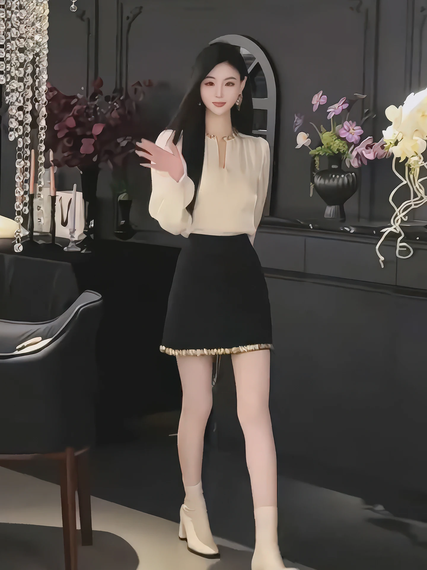 

Весенний женский модный комплект 2026: белая блузка и черная юбка, две части, с высокой талией, укороченная, во французском стиле, стандартный крой