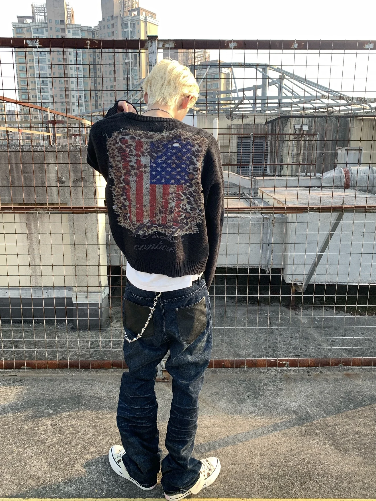 

Американский уличный кардиган с леопардовым флагом, вязаный открытый кардиган, мужской повседневный универсальный ленивый свитер, свободный крой, длинный све, круглый Ne