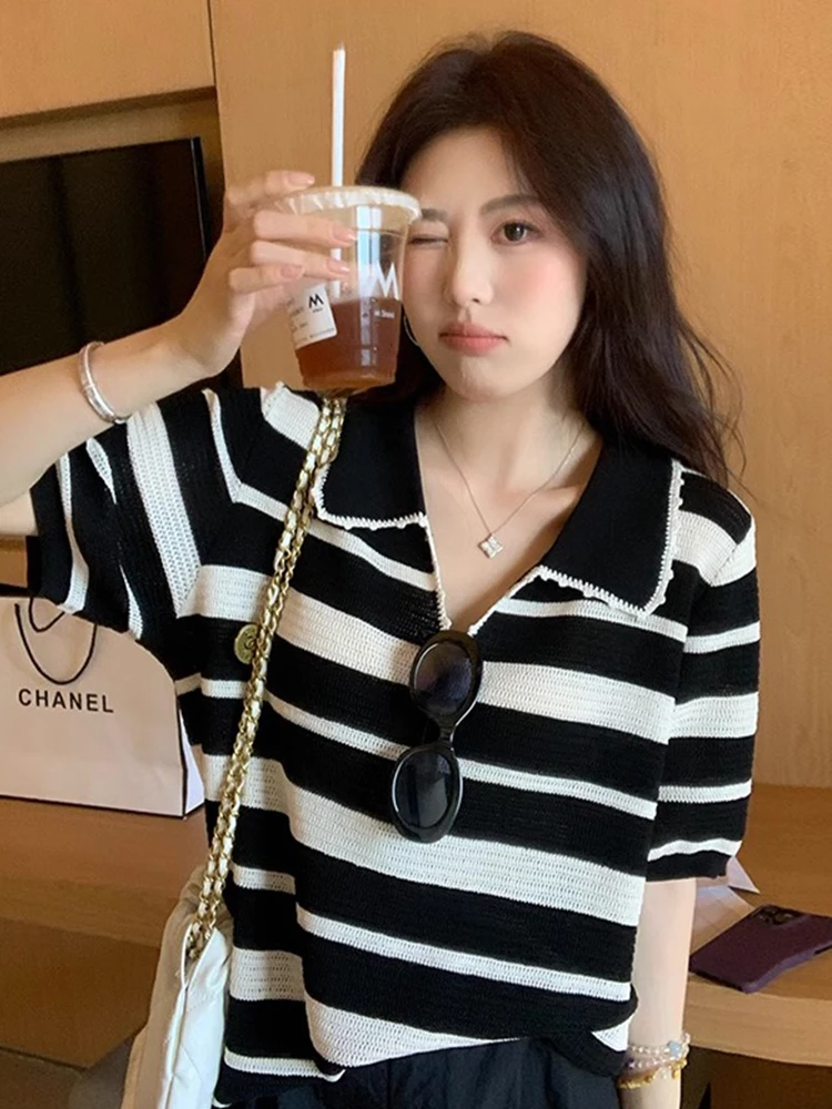 

Летний вязаный топ Laid-ba Sle Ne ort Sve из ледяного шелка с цветными полосками, дышащий, мягкий, приятный для кожи, в корейском стиле V-образного выреза.