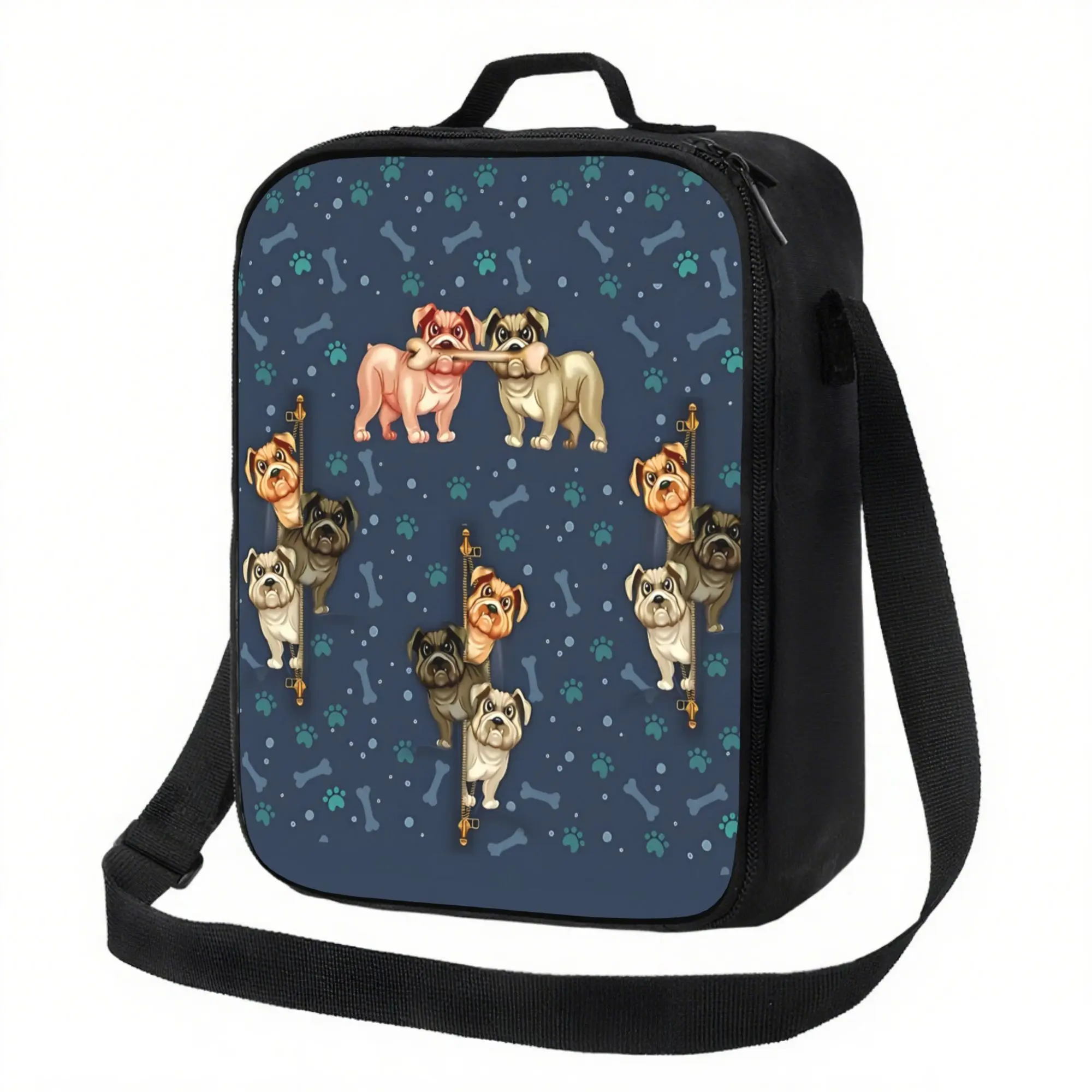 Pug Dog Print Portable Lunch Bag 600D Oxford Fabric Insulated Lunch Tote for Work Picnic Beach