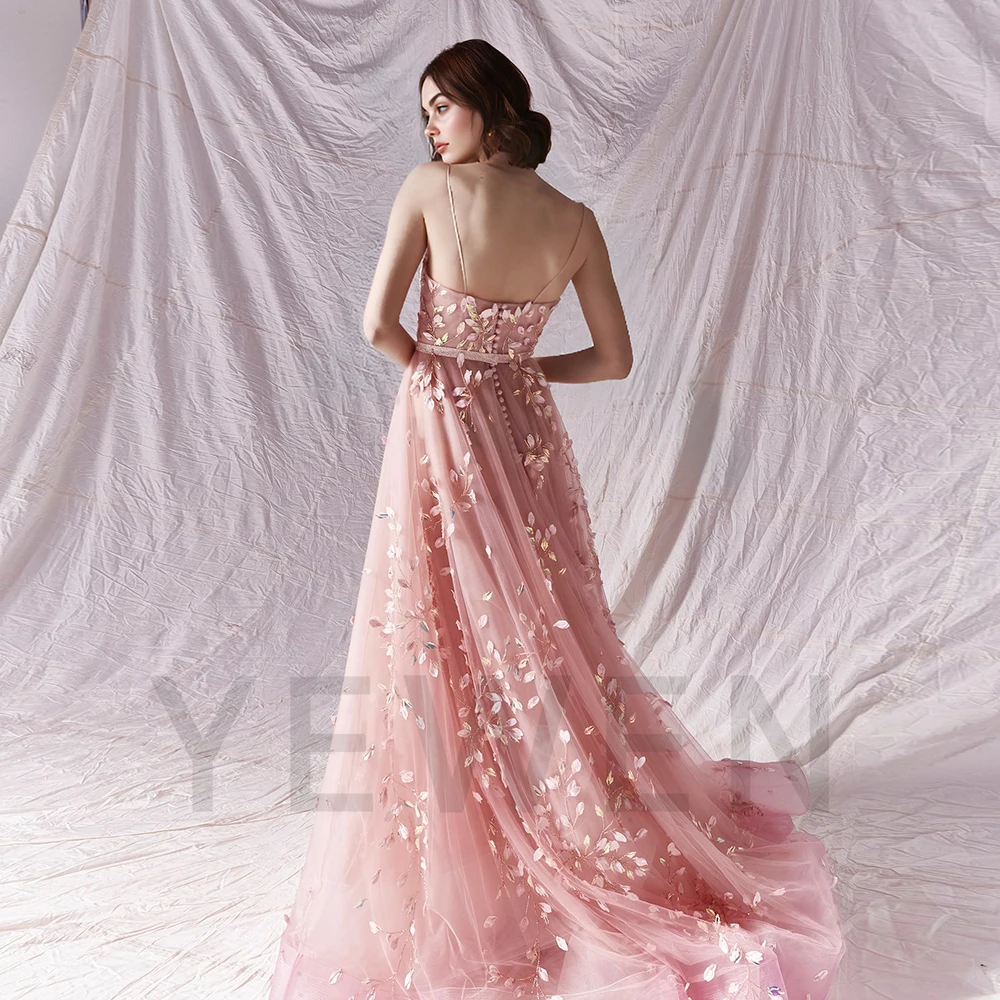 Maßgeschneiderte Spaghettiträger, luxuriöse, elegante Abendkleider, V-Ausschnitt, Applikation, Brautkleider für Partys, Frauen, Zeremonienkleid, Gala