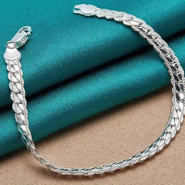 925 Sterling Silver Bracelet 6mm 18/20cm Flat Side Chain Lobster Clasp Bracelet For Woman Man Party Wedding Jewelry Holiday Gift