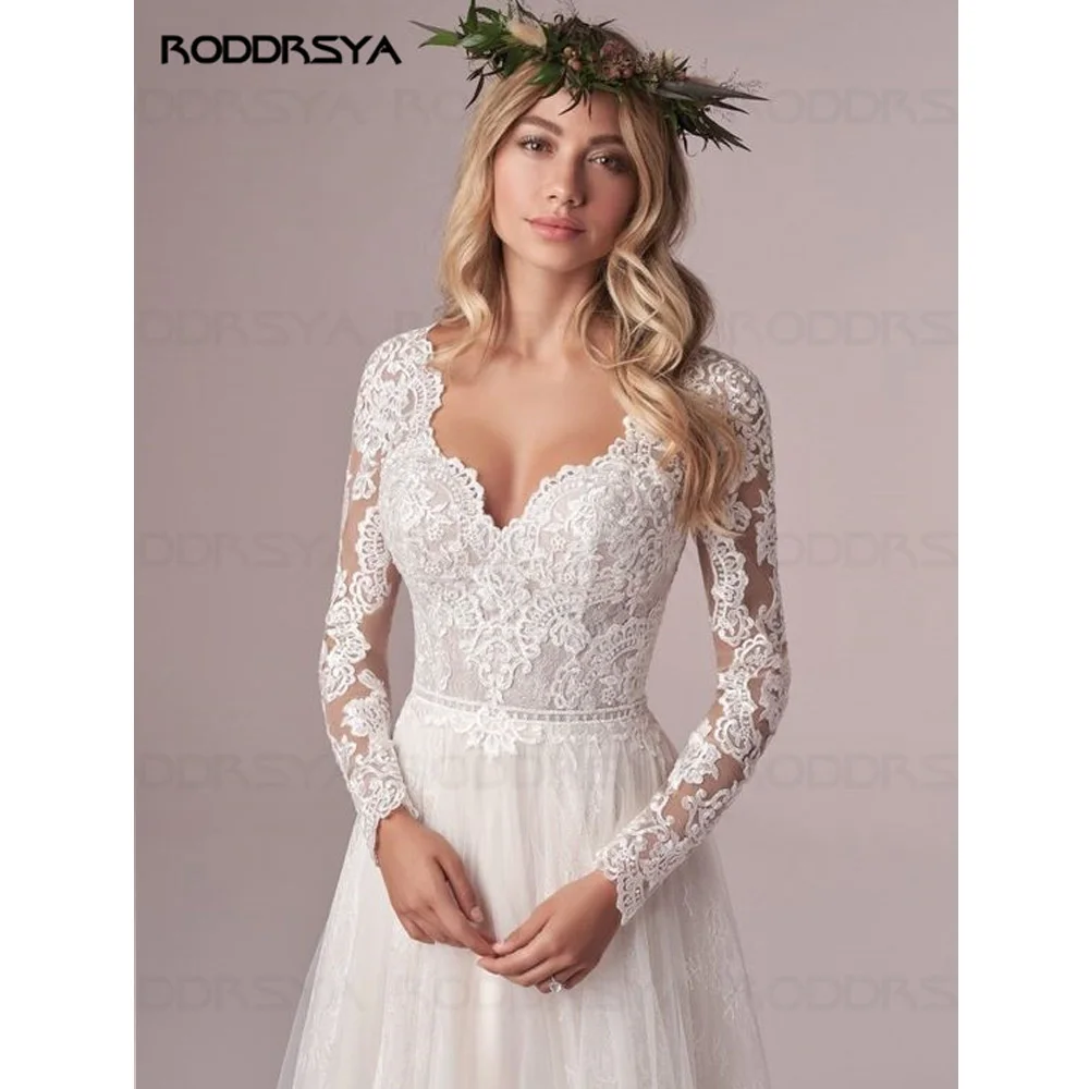 RODDRSYA A سلسلة أكمام طويلة فستان الزفاف فستان العروس 2022 رفيع الشاش العاج Vestido De Novia الظهر اللوحيRODDRSYA A Line فساتين زفاف بأكمام طويلة دانتيل فساتين زفاف 2022 تول عاجي فيستدو دي نوفيا ظهر مفتوح