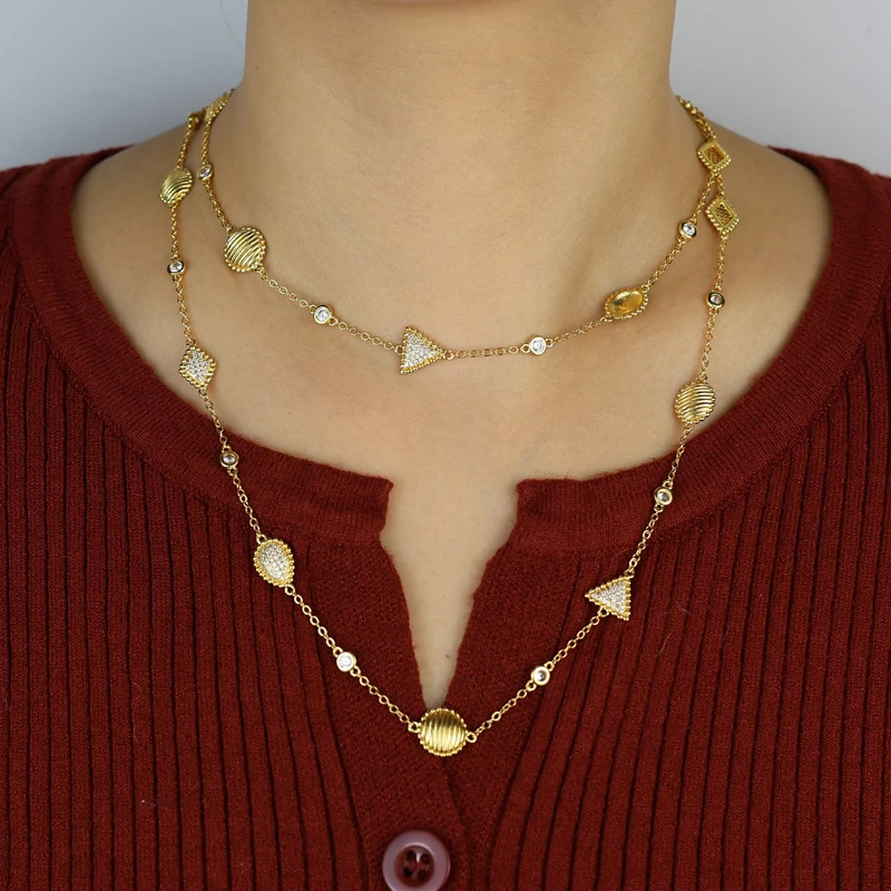 2026 New Fashion Women Jewelry Set Geoemtric Charm CZ Station Link Chain Gold Color Dangle Earring Long Double Layer Necklace