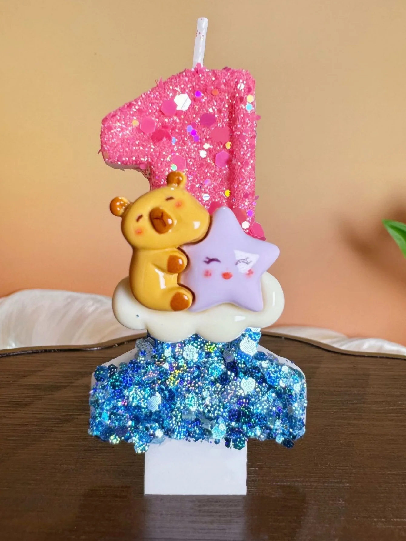 Pink-Blue Digital Candles, Kapibara Holding the Blinking Purple Star Decorative Candles, Festival and Commemorative Candles