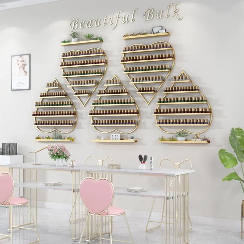 رف أظافر مثبت على الحائط من Daryabrest - علبة عرض معدنية مكونة من 5 طبقات (على شكل قلب) أرفف تخزين مستحضرات التجميل ومتجر سبا منزلي (ذهبي)