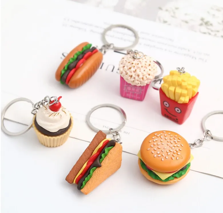 Wholesale 50pcs Resin PVC exquisite simulation food hamburger bread cake french fries popcorn key chain buckle pendant gift