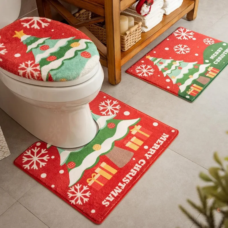 Christmas Decorative Floor Mat, Bathroom Three-piece Absorbent Quick-drying Non-slip Floor Mat Floor and Accessories