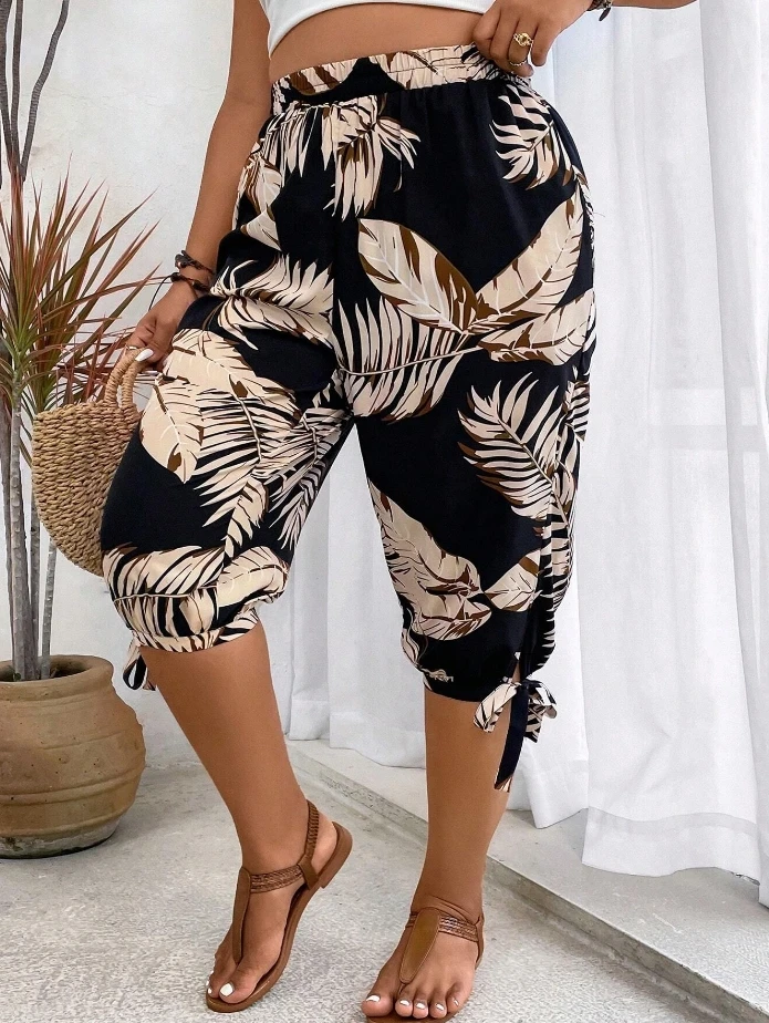 New Fashion Printed Lace-Up Commuter Slacks for Women 2024 Summer One-Piece Temperament Commuting High Waist Cropped Pants