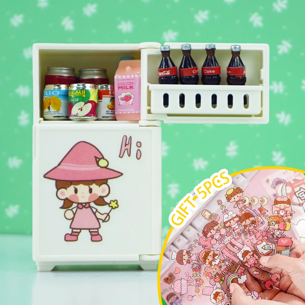 

Miniature Furniture Fridge 1/12 Dollhouse Mini Refrigerator With Food Set Kitchen Toys Decorations For Girls Gifts Send Stickers