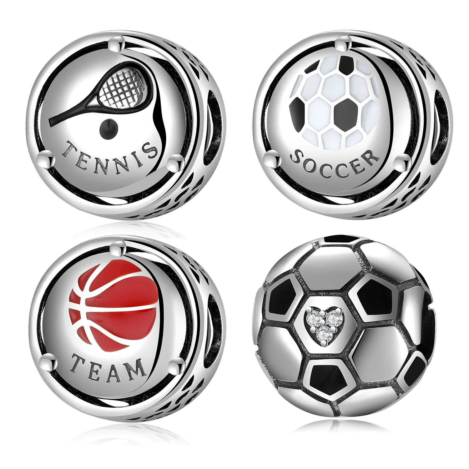 Football Basketball Sports Beads Hollowed Out Loose Beads Pure Silver Beads Bracelet Accessories