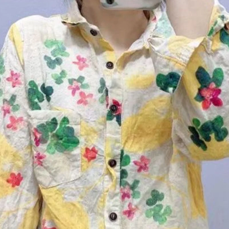 Spring Autumn New Turn-down Collar Long Sleeve Fashion Shirt Women High Street Cotton Hemp Button Cardigan Vintage Elegant Tops