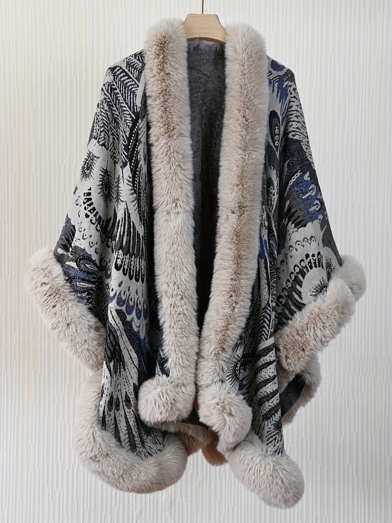 

Peacock Cape: Elegant Sleeveless Coat w/ Faux Fur. Vintage Winter Wear, Machine Washable. Fashion Outerwear! Shop Now.