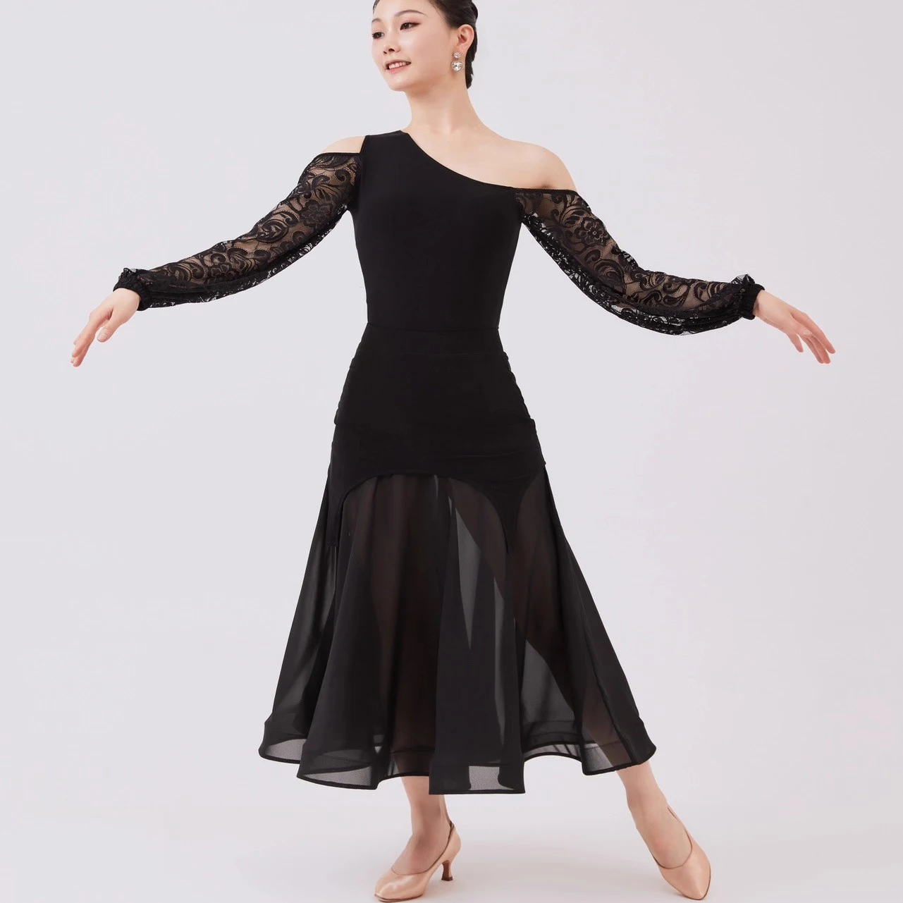 Adult Modern Dance Costume Sloping Shoulder Lace Top Waltz National Standard Dance Practice Clothing Latin Dance Clothes DN21953
