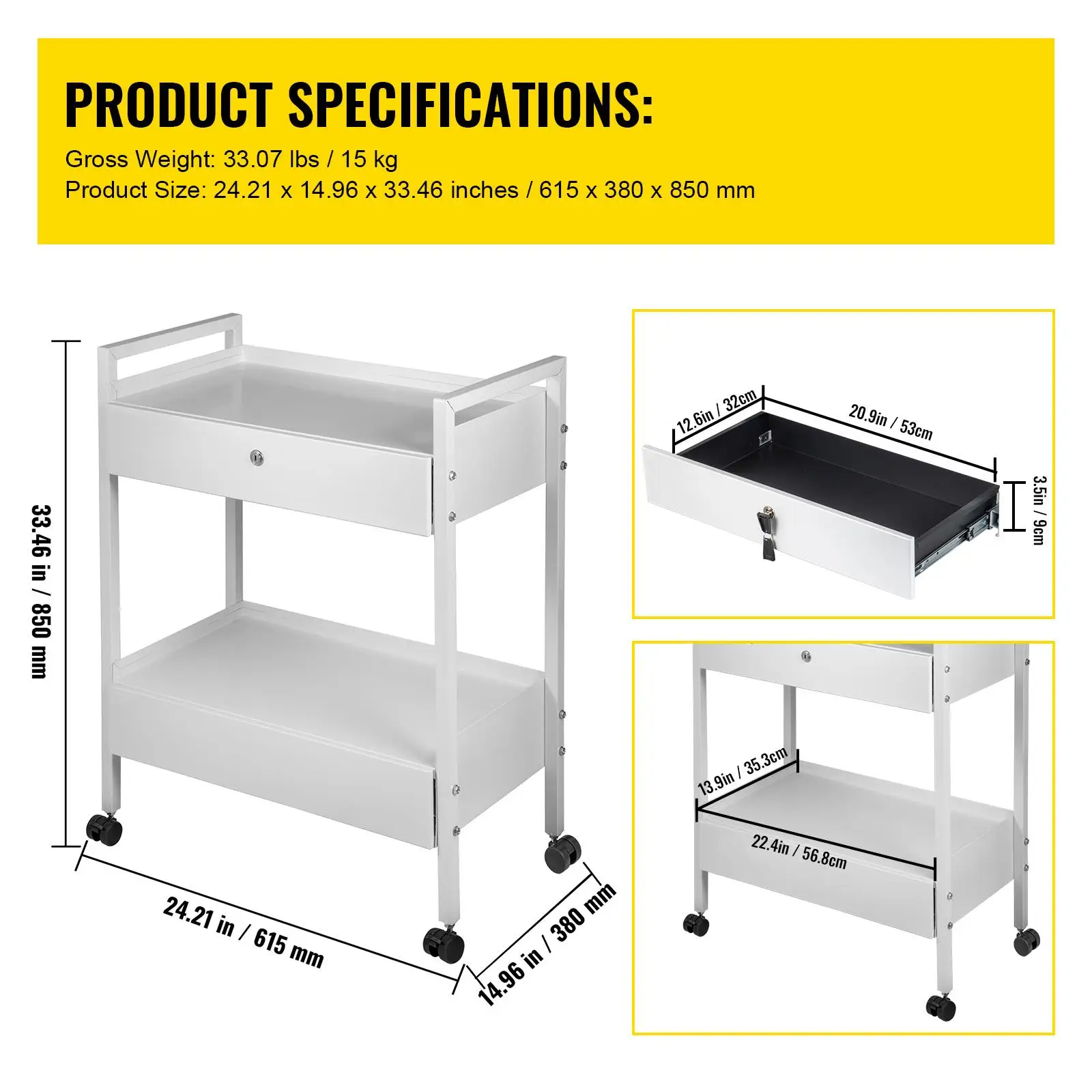 2 Tier Stainless Steel Utility Cart with 2 Drawers Rolling Medical Lab Serving Cart with Swivel Casters for laboratory Hospital Dental Salon Beauty White Painted