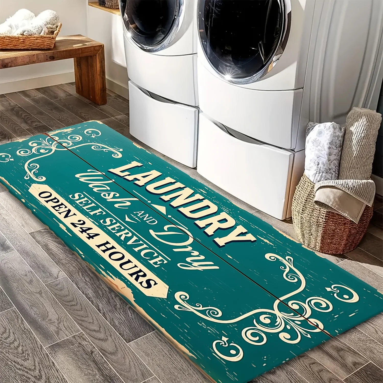 Vintage Teal Crack Wood Laundry Service Letter Runner Rug, non-slip carpet, retro laundry mat for washing machine aisle entryway