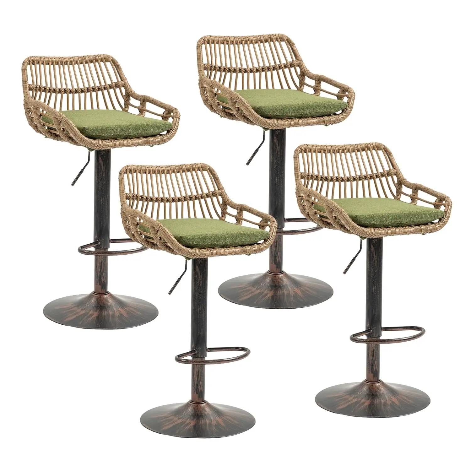 

Набор из 4 барных стульев, плетеные барные стулья в стиле бохо с льняными подушками, поворотные и регулируемые, винтажные ножки, на заказ