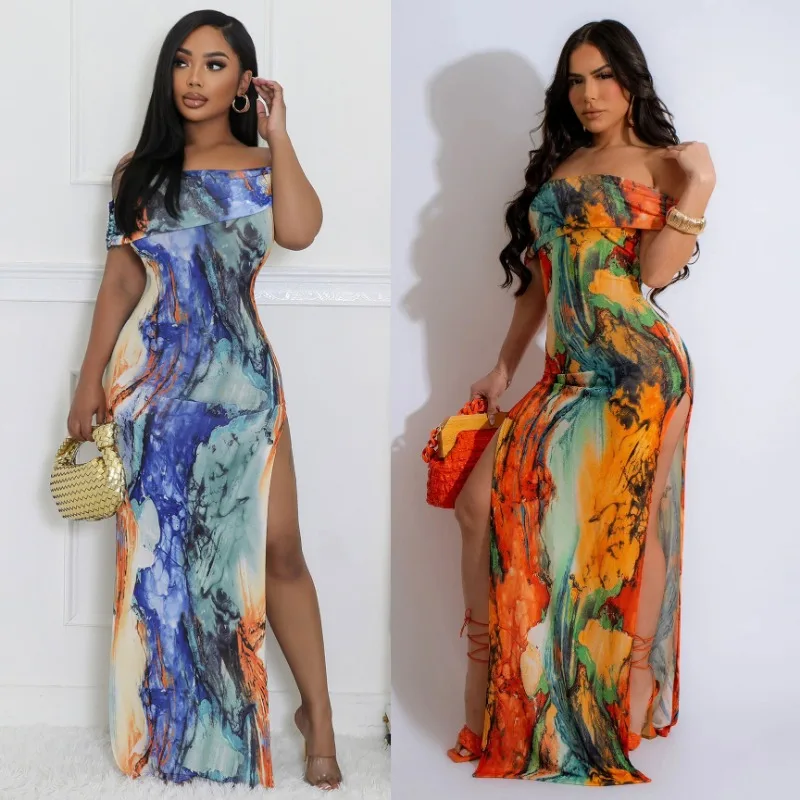 

Hot Selling Sexy Dresses in Europe and America, Blue Orange Split High Print Dresses