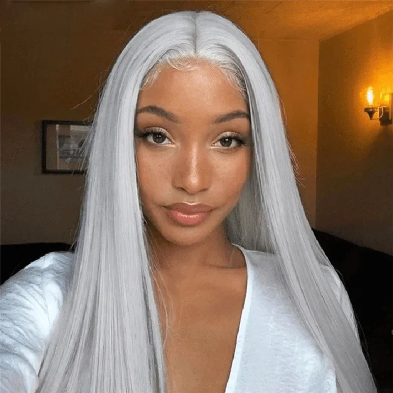 Straight Leg Synthetic Lace Front Wig Ladies 28 Inch Long Mid Parting Bangs Granny Gray High Gloss Lace Front Wig Cosplay Wig